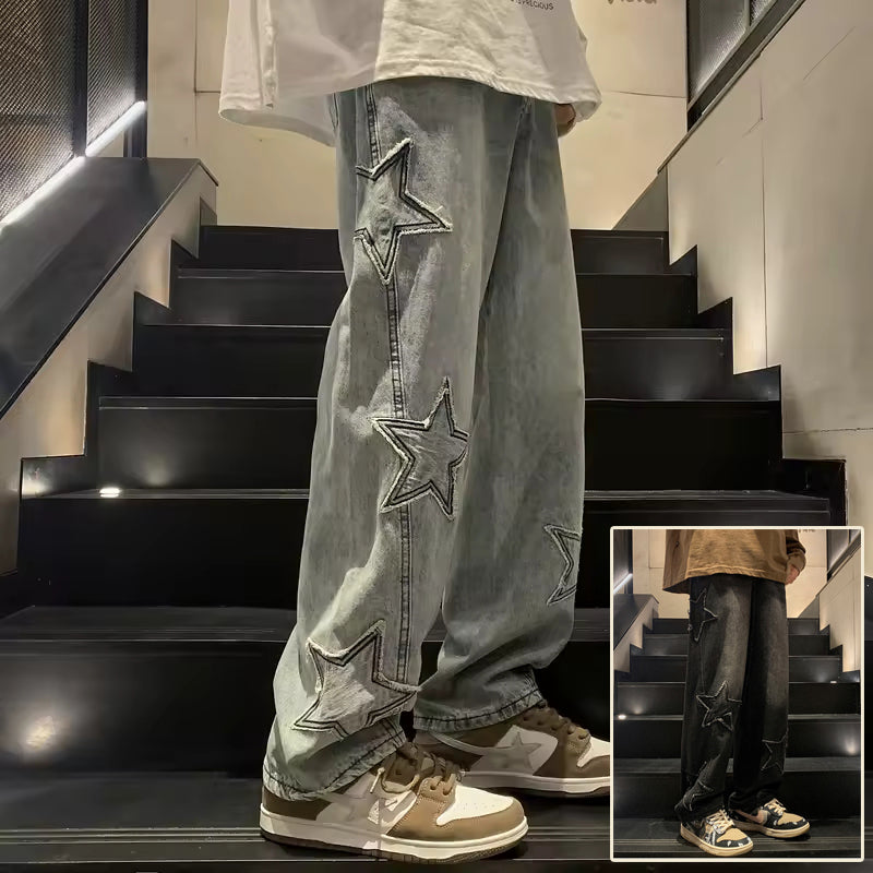 Star Embroidery Wide Leg Denim Trousers